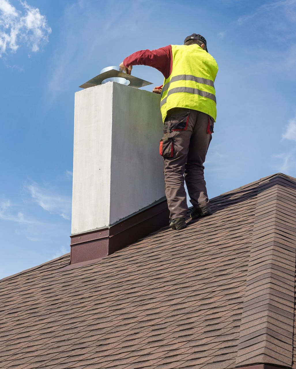 Brick chimney on a tiled roof, cloudy sky.