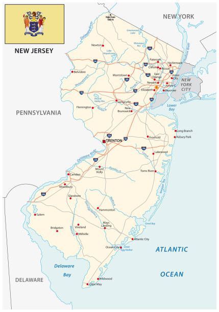 Map of New Jersey, highlighting cities, roads, and surrounding states and ocean.