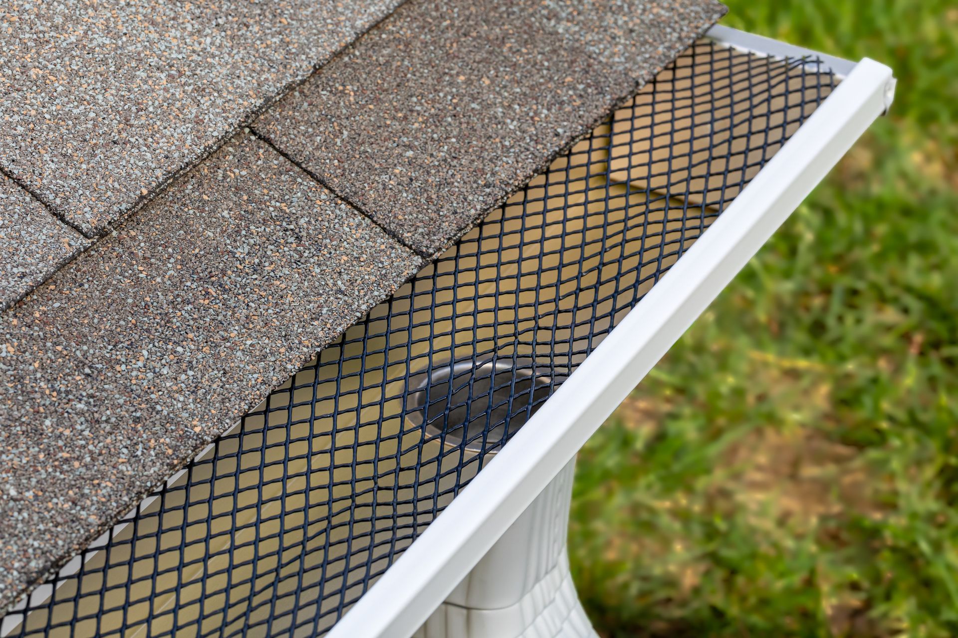 Gutter with mesh guard, attached to roof shingles and white edge, on a background of green grass.