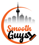 A logo for smooth guys with a city skyline in the background.