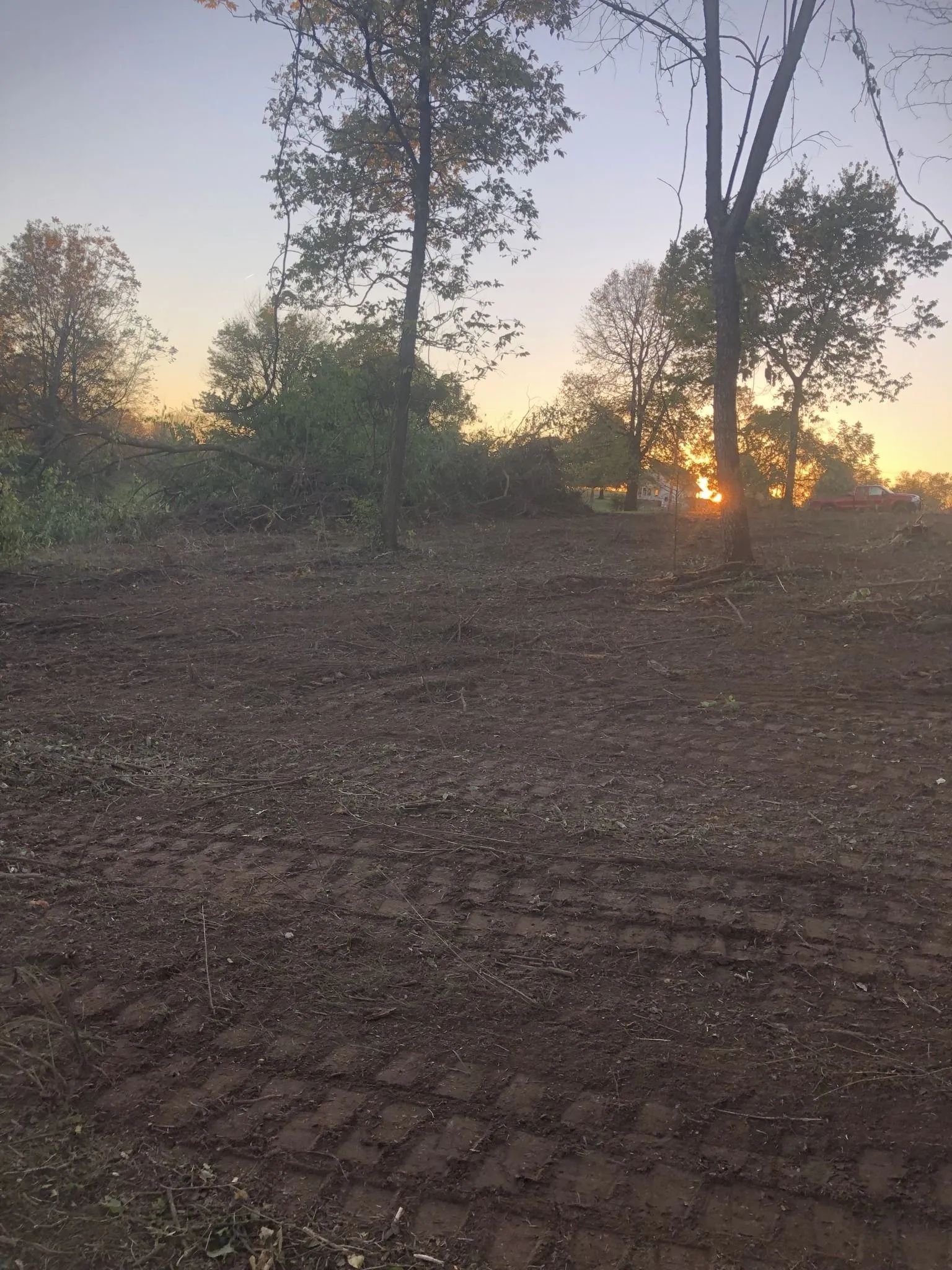 Clearing in the woods at sunset. Dark earth in foreground with tire tracks, trees in background, and golden light.