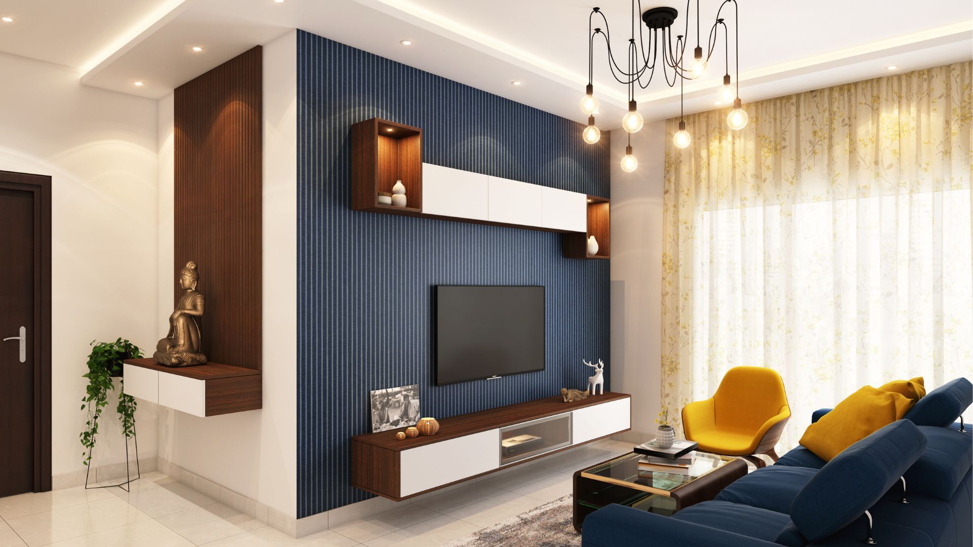 A living room with a couch , chairs , a television and a chandelier.