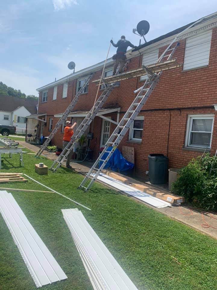 Construction workers on ladders attached to a brick building; sunlight, green grass.