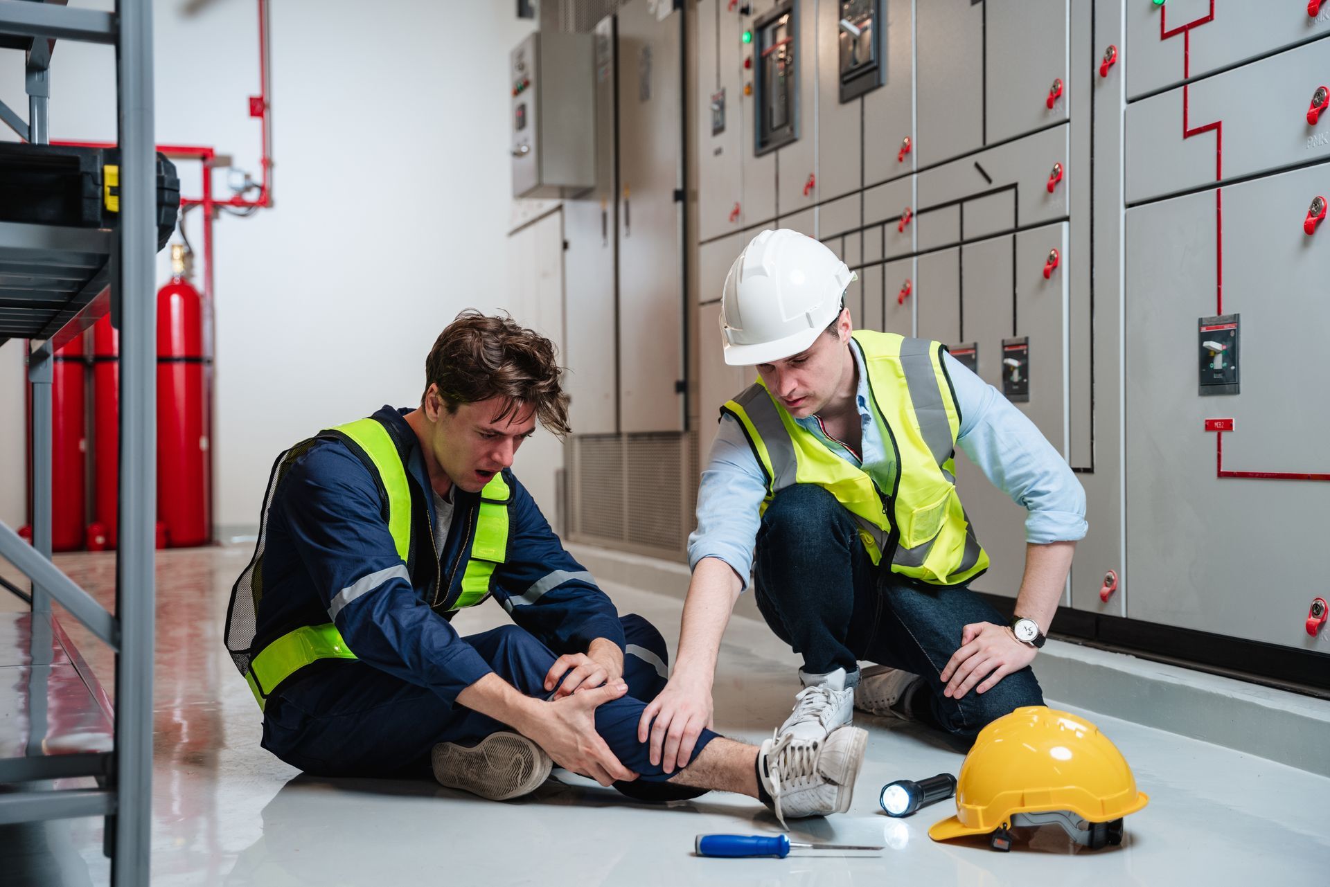 Worker injured on the floor, being helped by a colleague in a utility room.