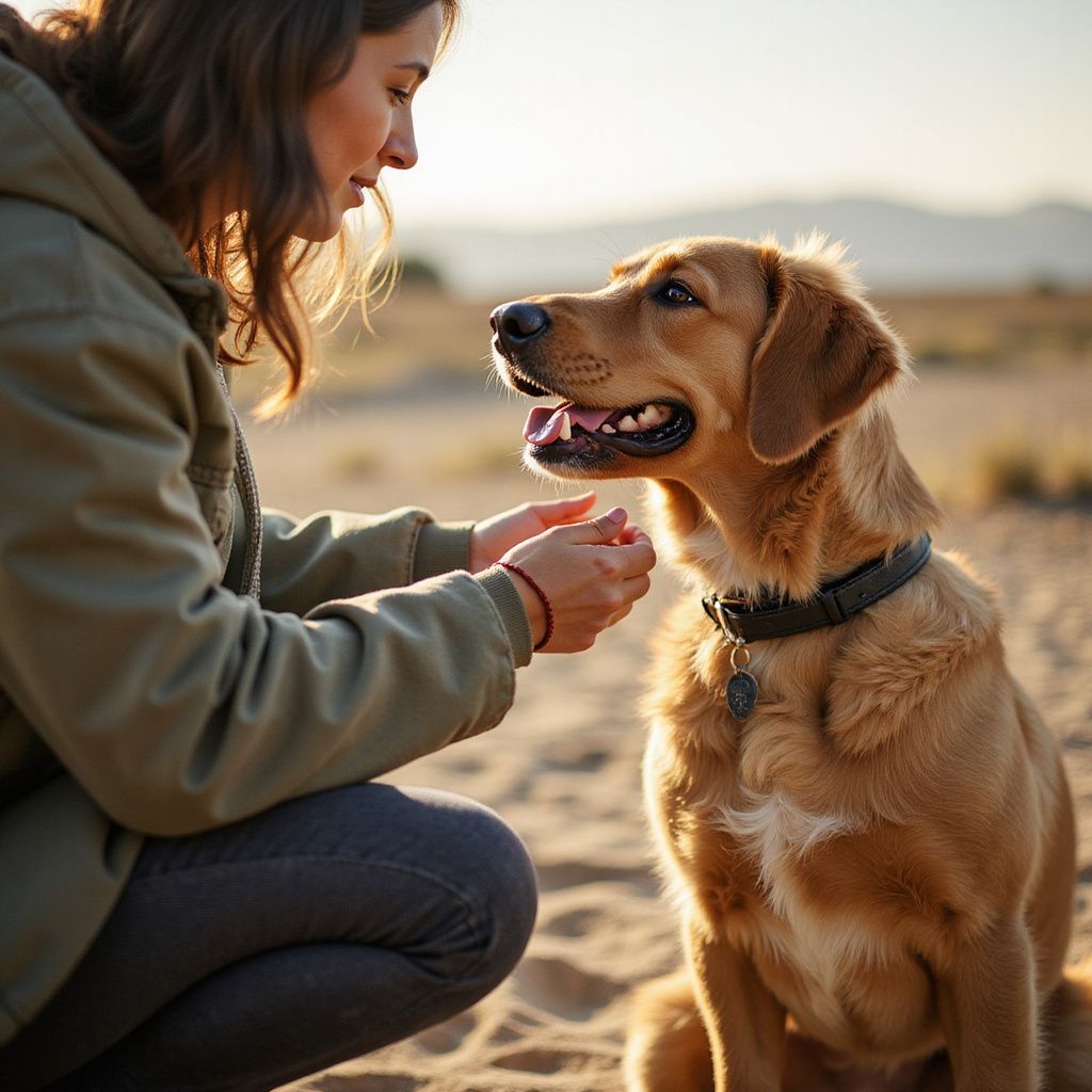 Woman kneeling, training a golden retriever outdoors, hands out, dog looks up.