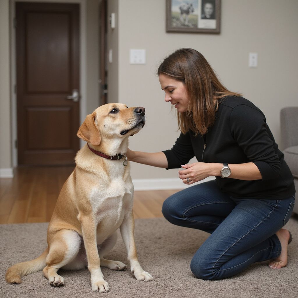 Woman kneeling, petting a yellow lab in a living room.