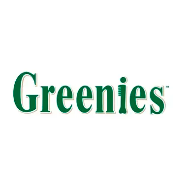 Greenies logo: green text with white trim on a white background.