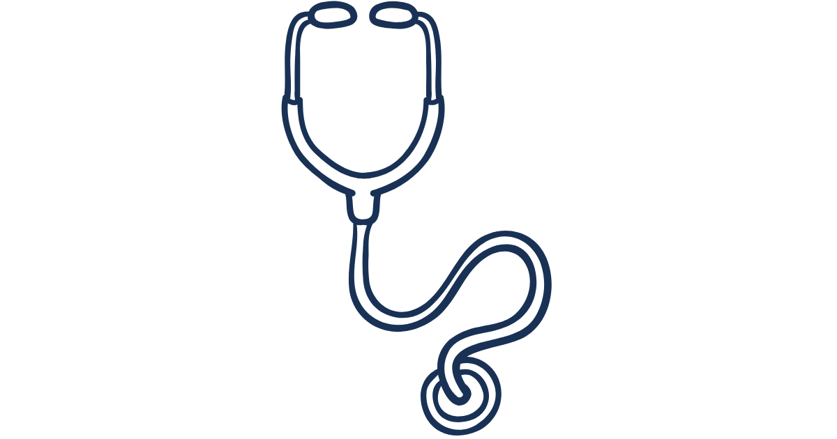 Stethoscope, dark blue outline on white background. Medical instrument used by doctors to listen to sounds of the body.