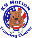 K9 Nation Training Center logo: cartoon dog in front of American flag, text 