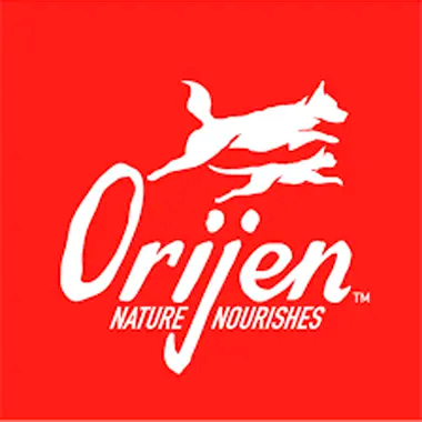 Logo of Orijen pet food: white text and dog silhouettes on red background.