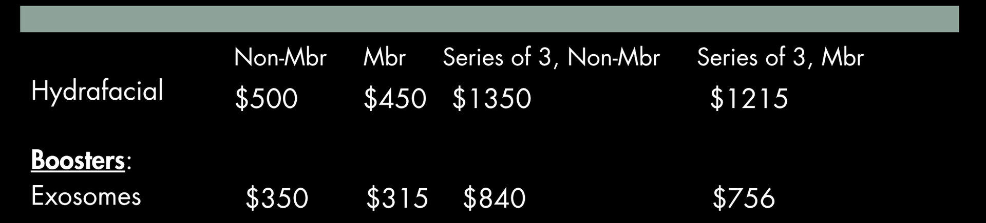 Price list for Hydrafacial and Expenmes boosters: single and series of 3, Non-Mar and Mar prices.