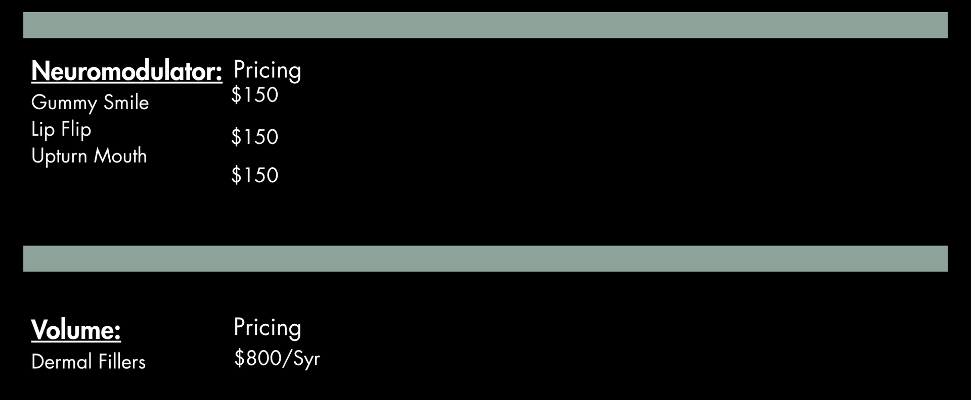 Price list for cosmetic procedures: neuromodulators, dermal fillers, and lip treatments.