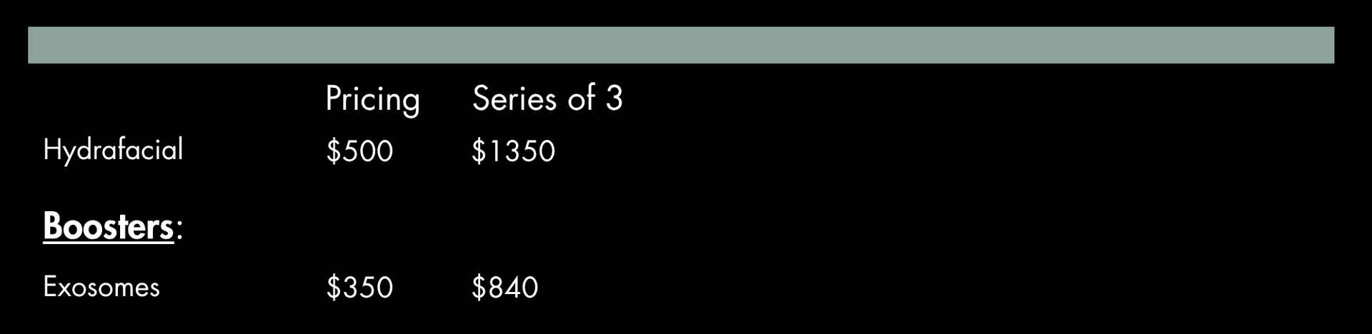 Price list for Hydrafacial and Expenmes boosters: single and series of 3, Non-Mar and Mar prices.