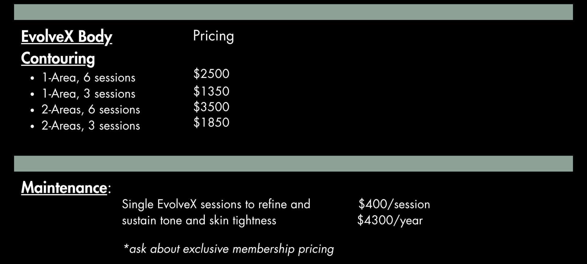 Price list for EvolveX Body Contouring and Maintenance.