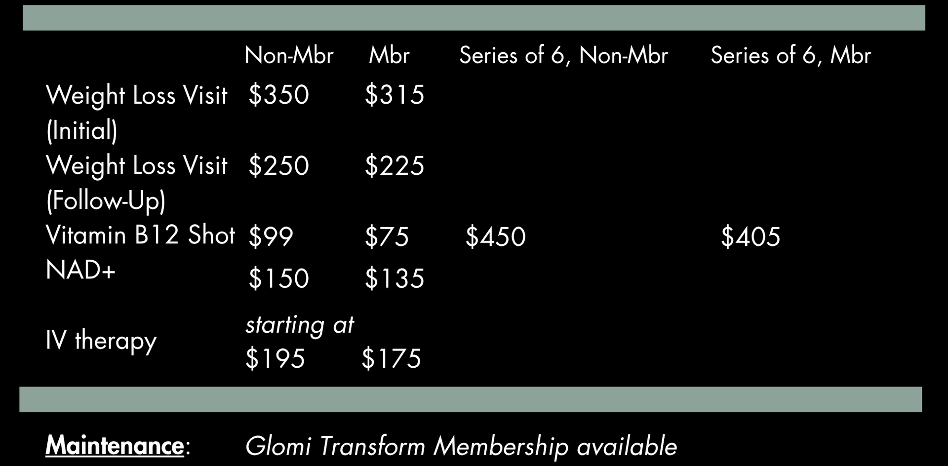 Pricing table for weight loss and other services, with non-member and member prices.