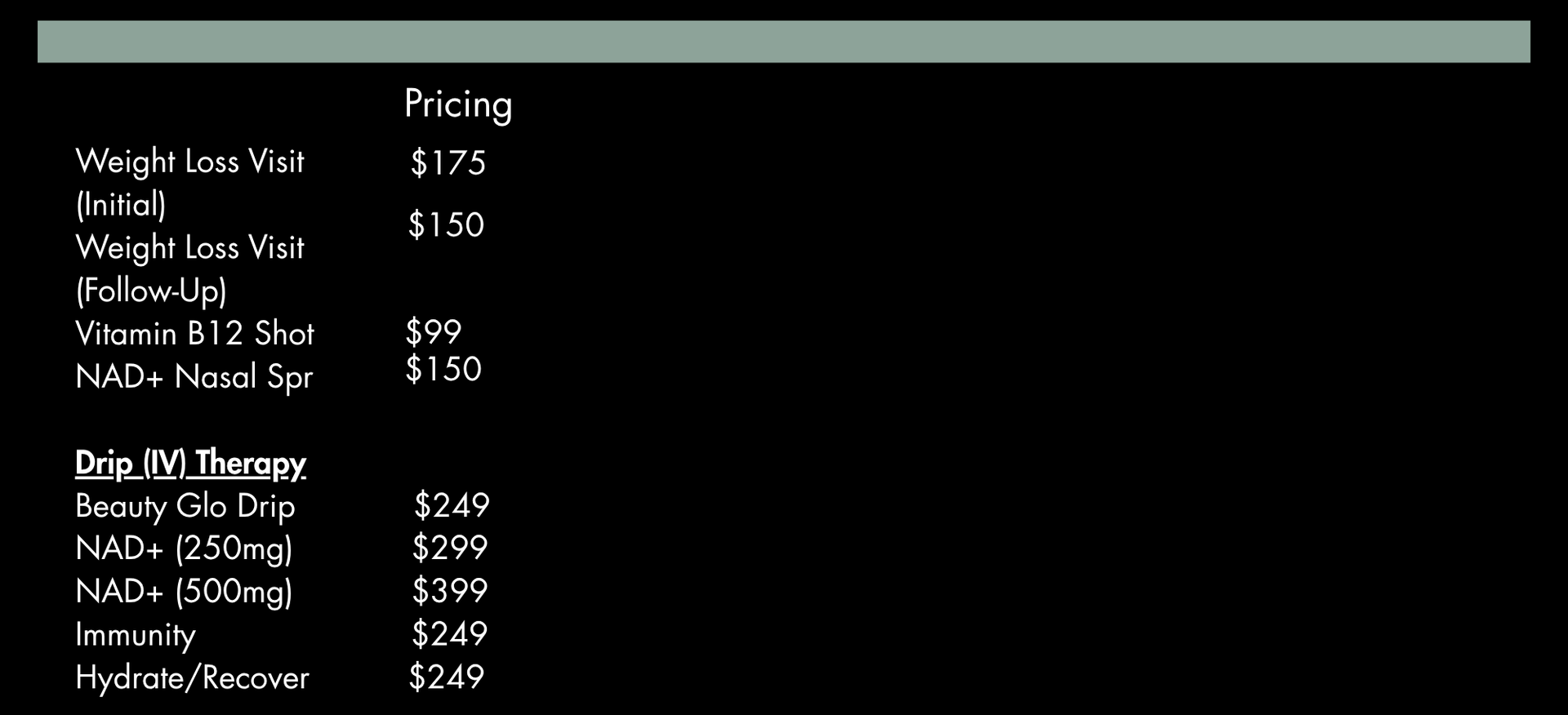 Pricing table for weight loss and other services, with non-member and member prices.
