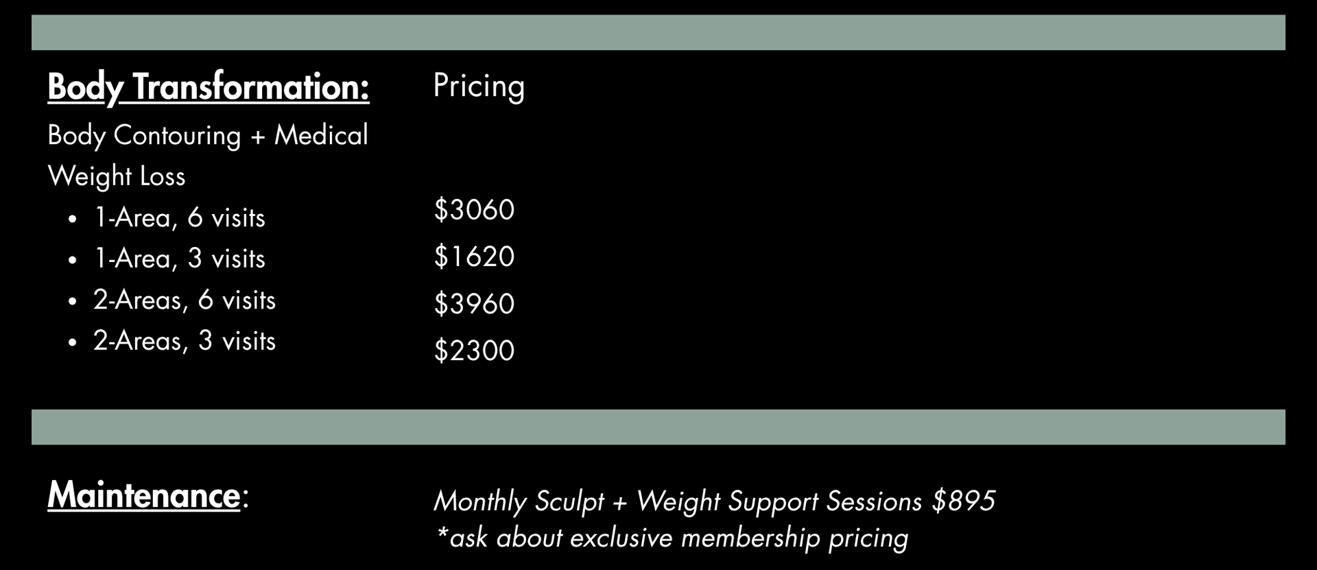 Pricing chart for body transformation, with medical weight loss. Shows costs for different areas and visits.