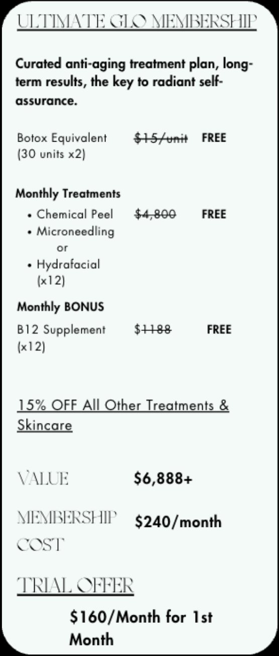 A pricing menu for an anti-aging membership, showing various treatments, value, and trial offer.