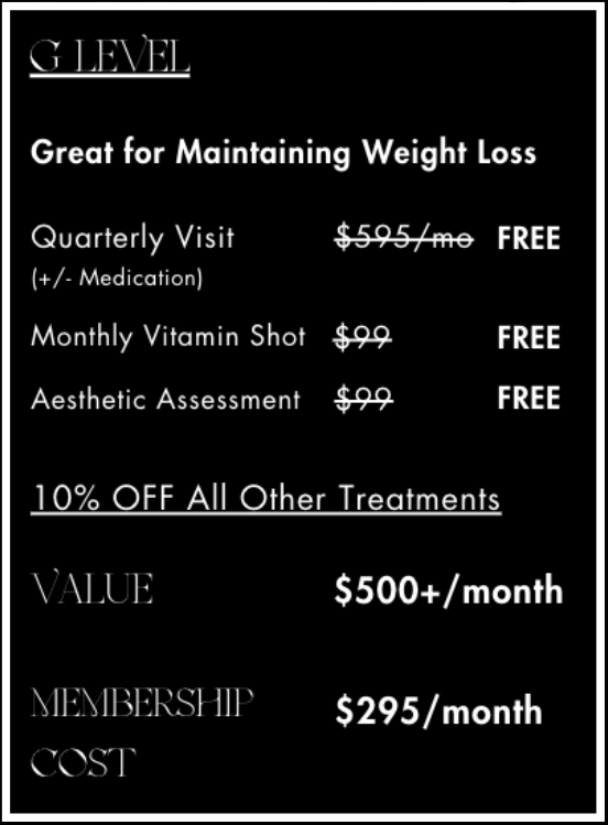 Black and white membership flyer for weight loss, including quarterly visits, vitamin shots, and aesthetic assessments.