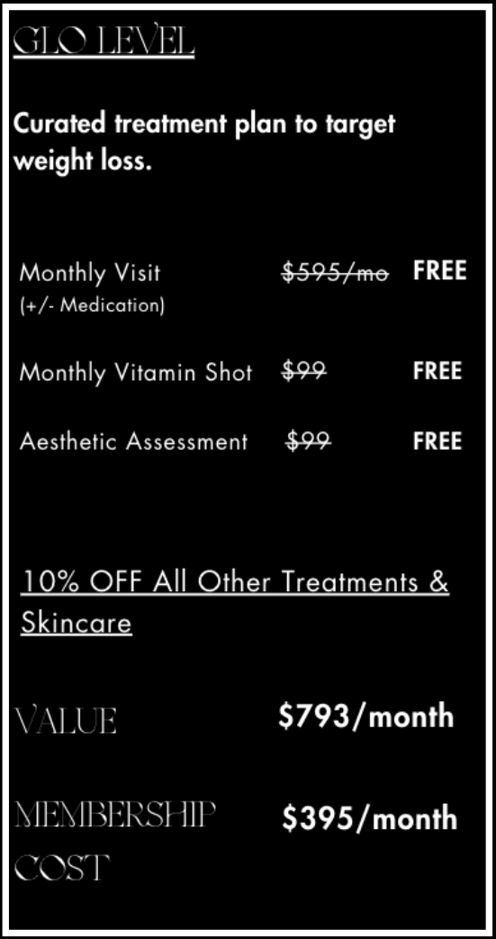 Price list for GLOLEVEL weight loss plan, includes monthly visits, vitamin shots, and aesthetic assessments.