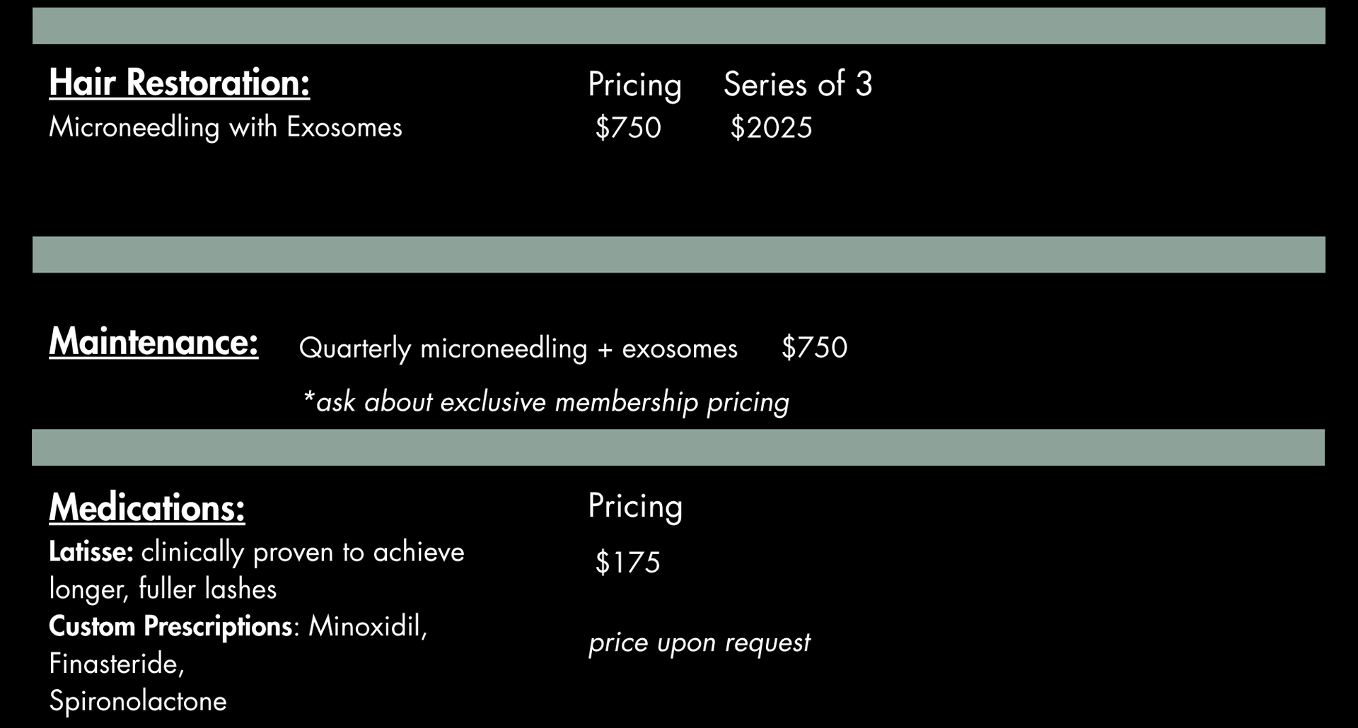 Price list for hair restoration, maintenance, medications, and custom prescriptions with member/non-member pricing.