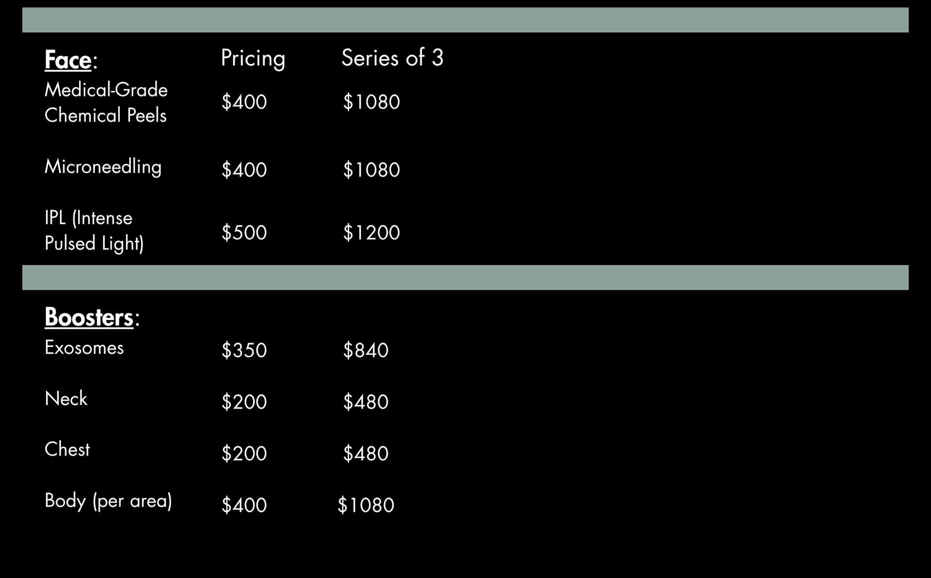 Price list for cosmetic procedures including chemical peels, microneedling, and boosters for face, neck, chest, and body.