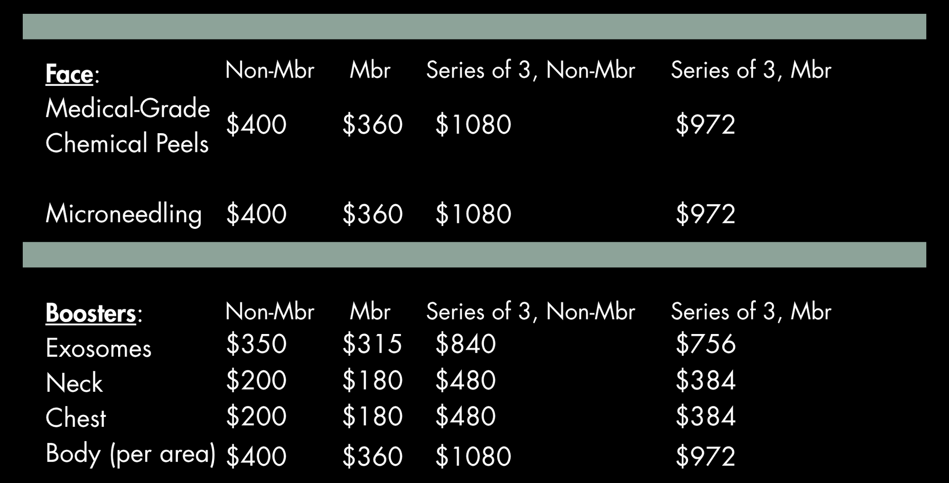 Price list for cosmetic procedures including chemical peels, microneedling, and boosters for face, neck, chest, and body.