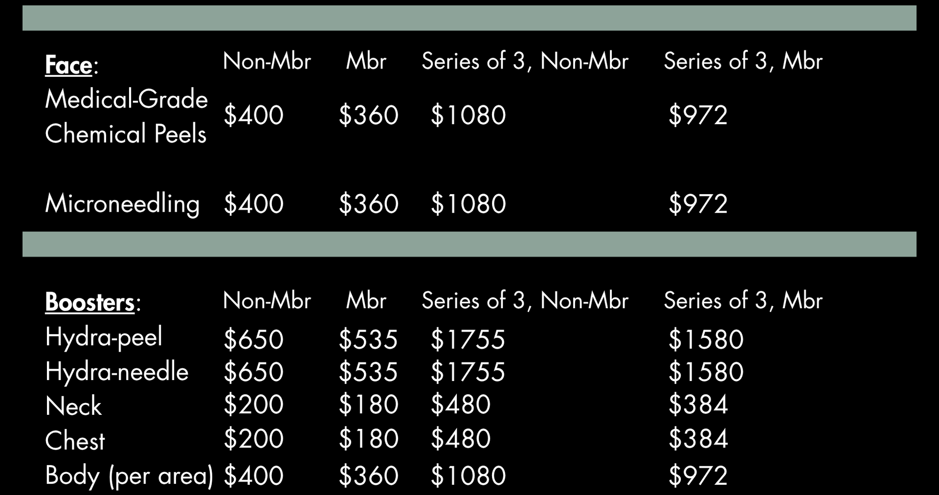 Price list for facial treatments, including medical-grade chemical peels, microneedling, and boosters.