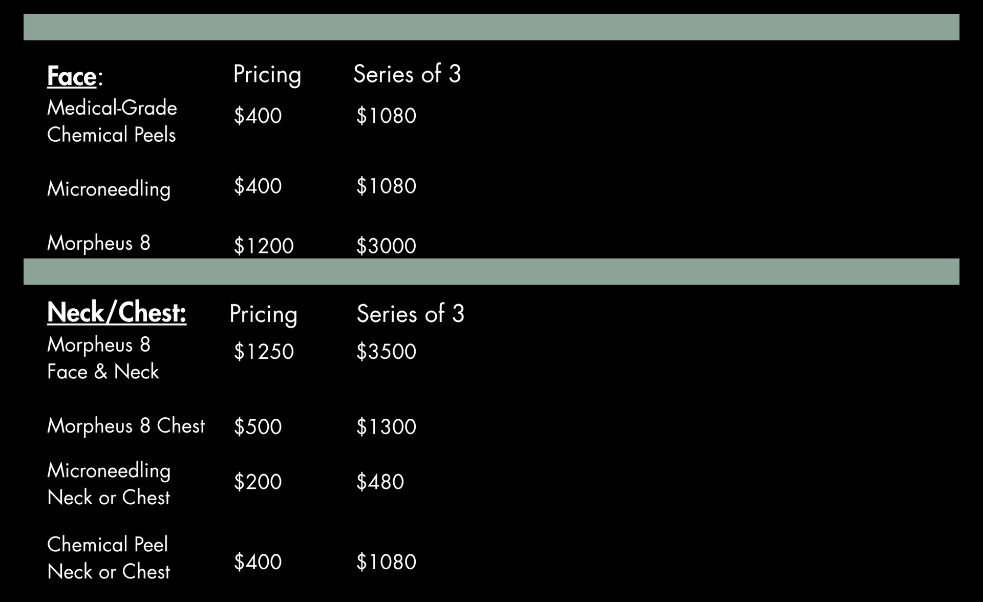 Price list for facial treatments, including medical-grade chemical peels, microneedling, and boosters.