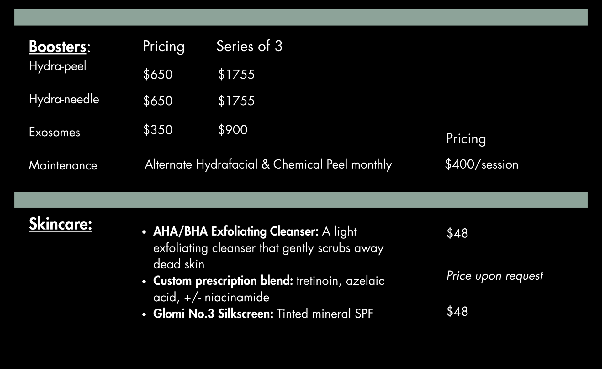 Skincare price list: cleanser, tinted sunscreen; membership pricing available.