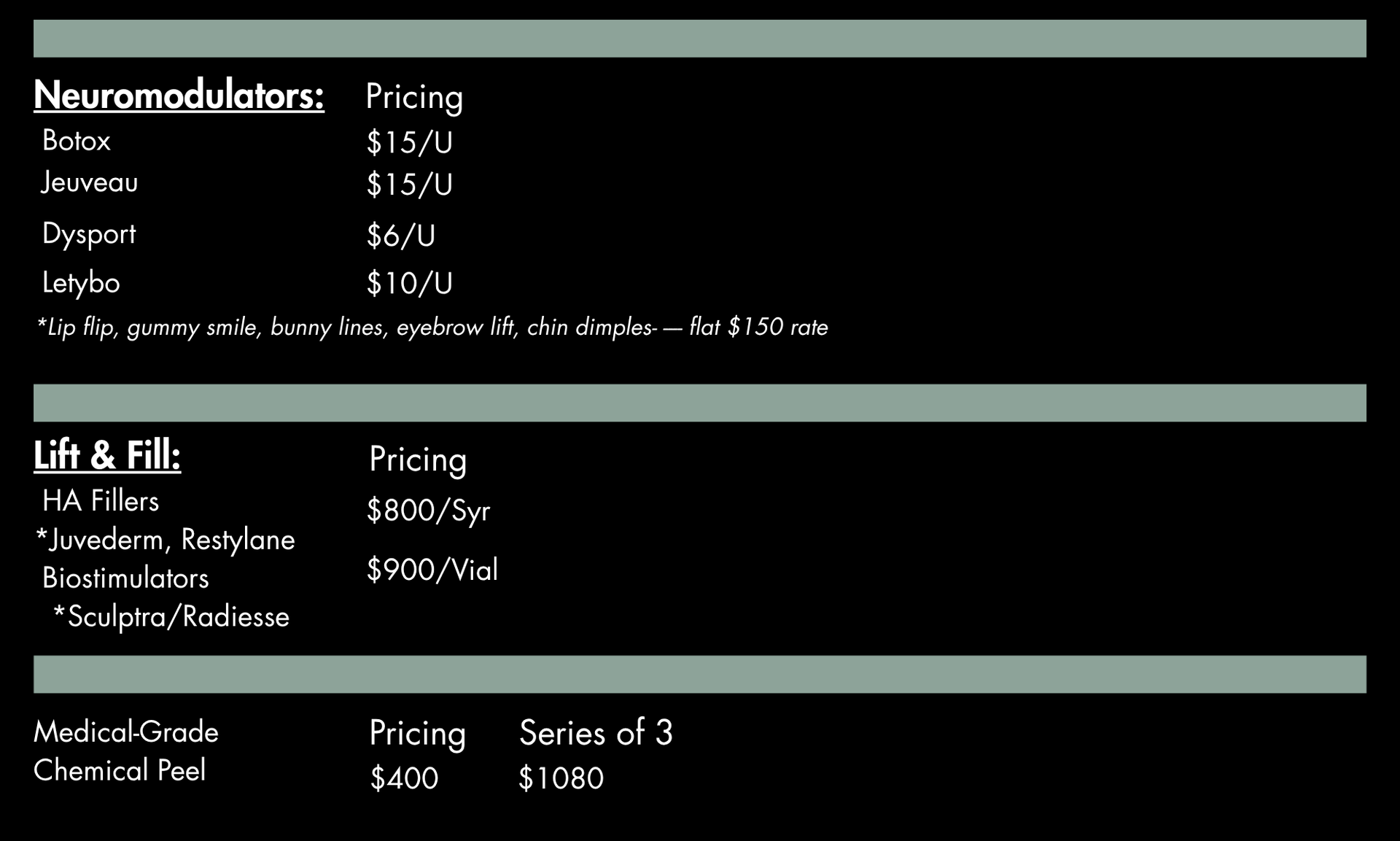 Price list for neuromodulators, fillers, and chemical peels; prices vary for members vs. non-members.