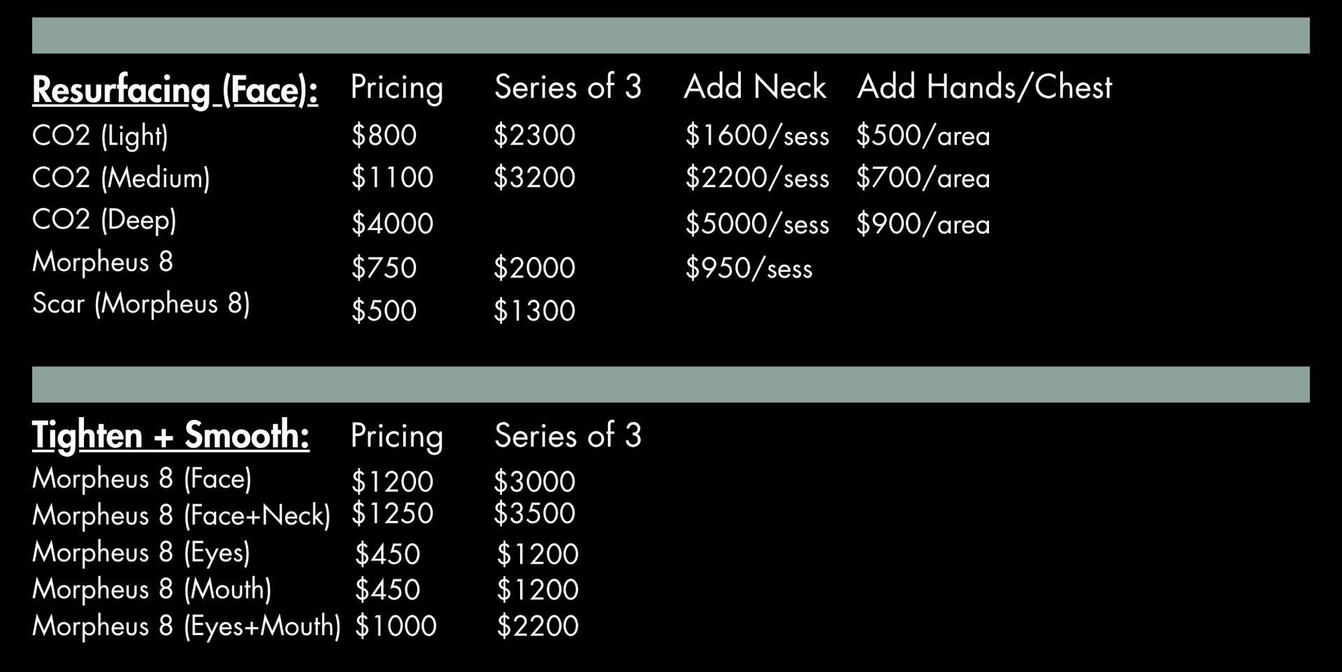 Price list for combination anti-aging therapies, including hydro-peel, hydra-needle, and Glomi Glo Facial treatments.