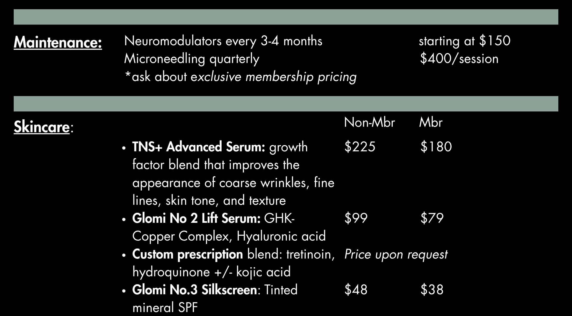 Price list for skincare products, including serums and a tinted sunscreen.