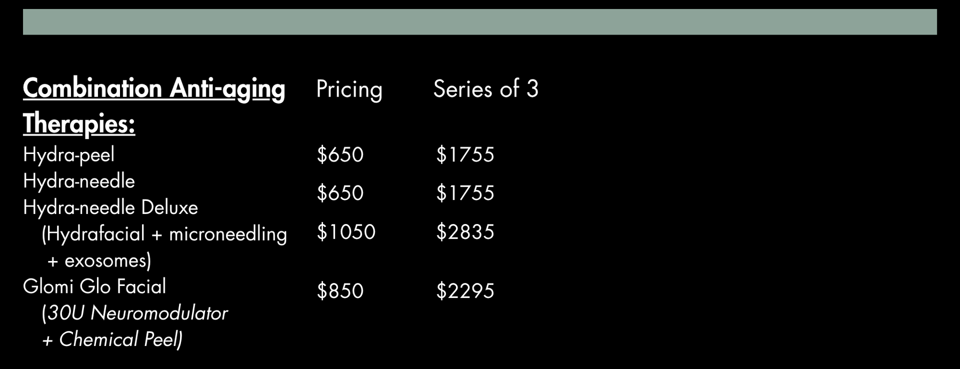 Price list for skincare products, including serums and a tinted sunscreen.