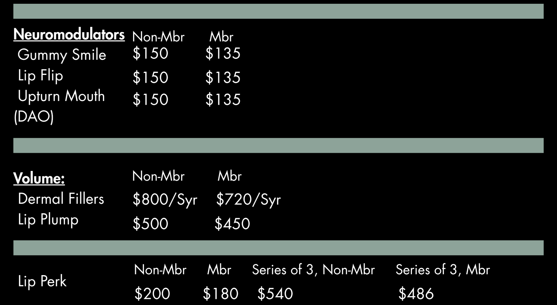 Price list for cosmetic procedures: neuromodulators, dermal fillers, and lip treatments.