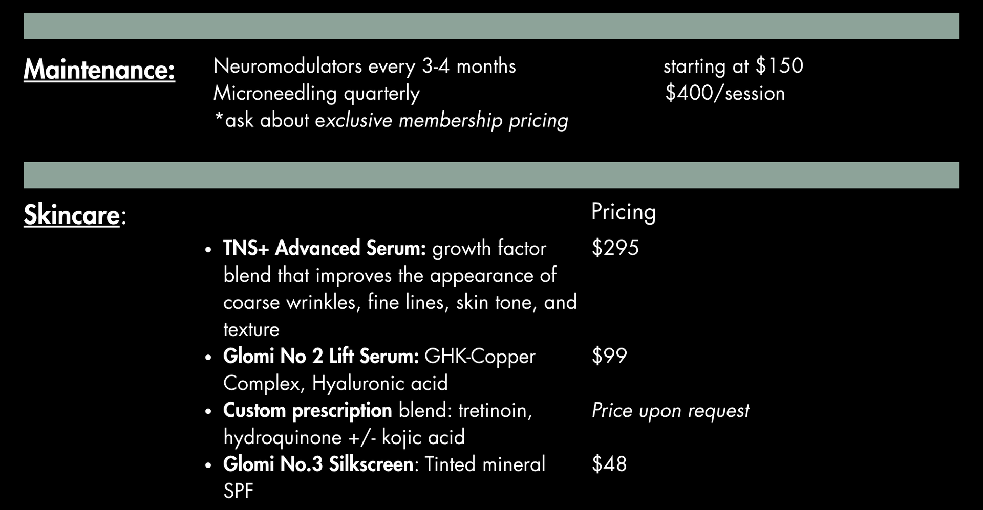 Price list for skincare products, including serums and a tinted sunscreen.