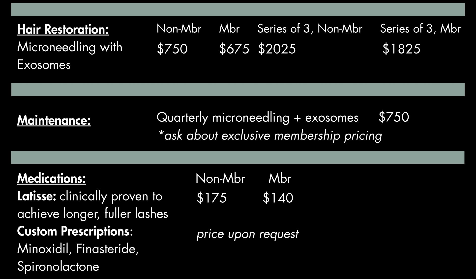 Price list for hair restoration, maintenance, medications, and custom prescriptions with member/non-member pricing.