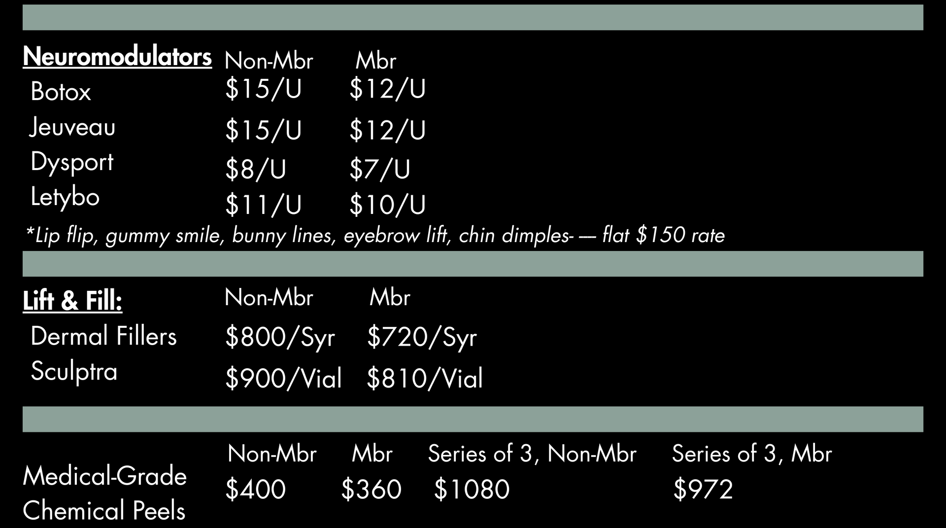 Price list for neuromodulators, fillers, and chemical peels; prices vary for members vs. non-members.