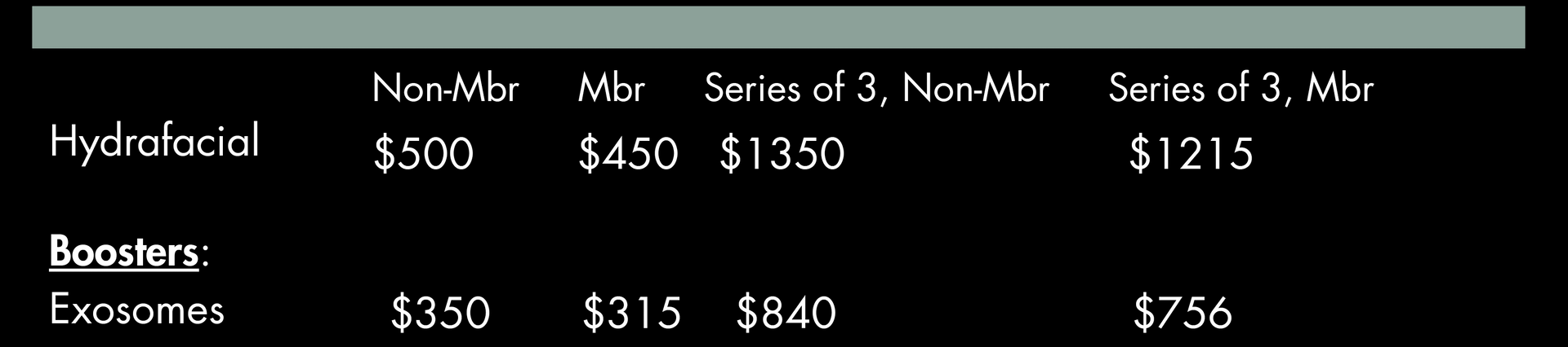 Price list for Hydrafacial and Expenmes boosters: single and series of 3, Non-Mar and Mar prices.