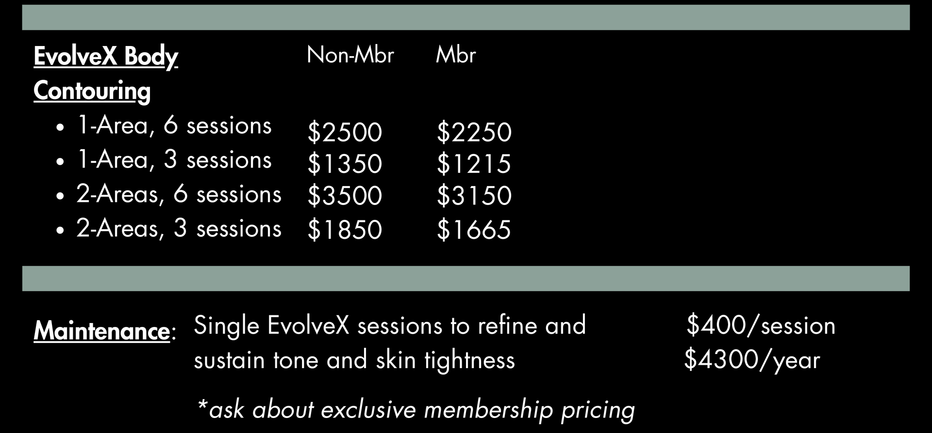 Price list for EvolveX Body Contouring and Maintenance.
