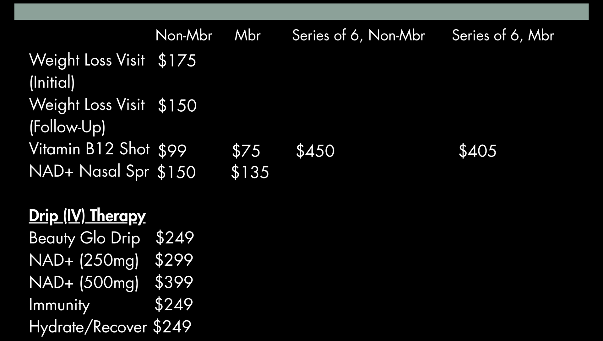 Pricing table for weight loss and other services, with non-member and member prices.