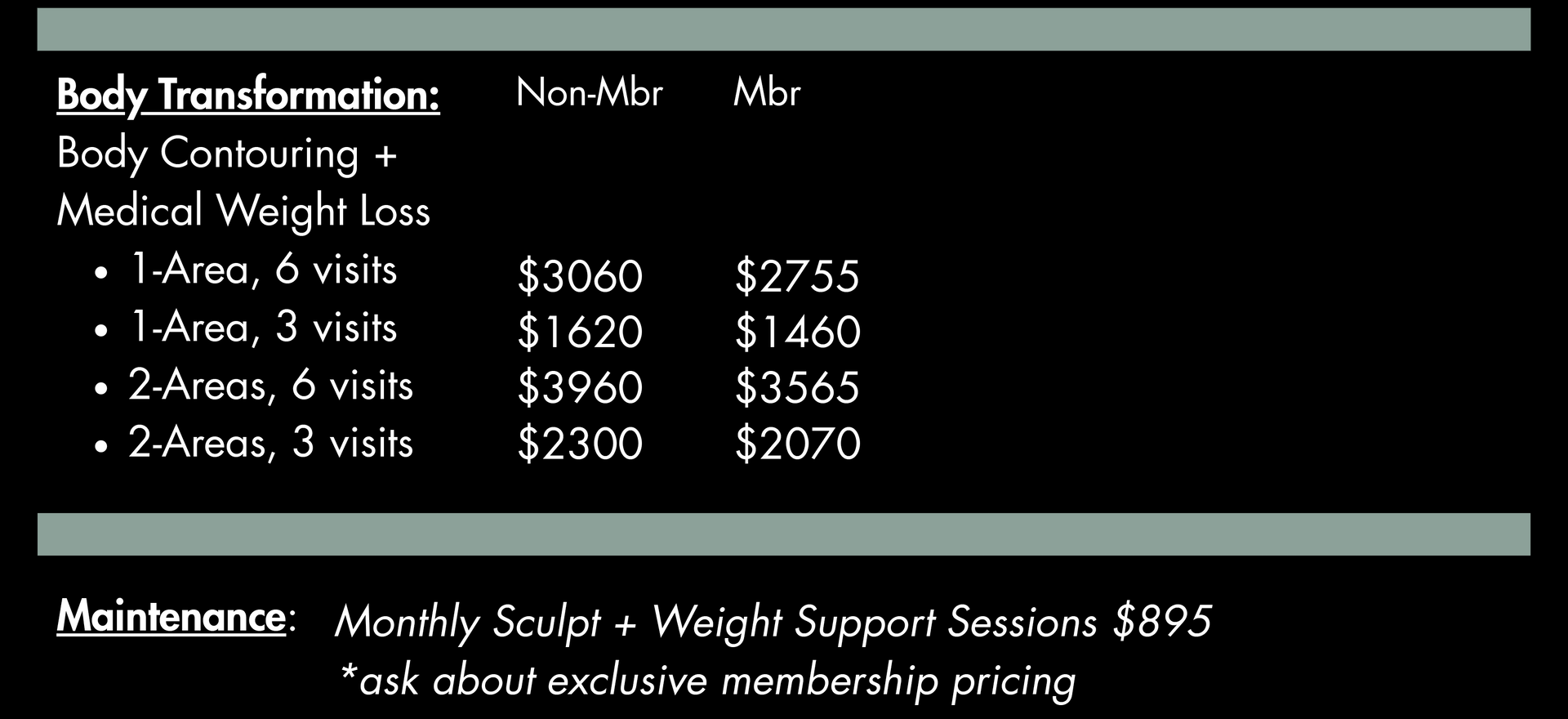 Pricing chart for body transformation, with medical weight loss. Shows costs for different areas and visits.