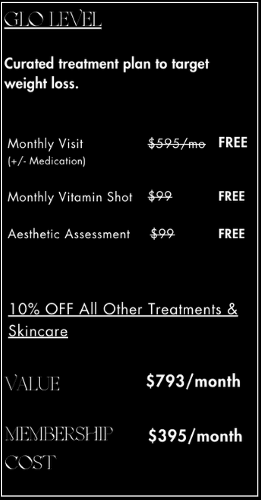 Membership pricing table for a weight loss program, showing a $793 value for $395/month, including medications and extras.