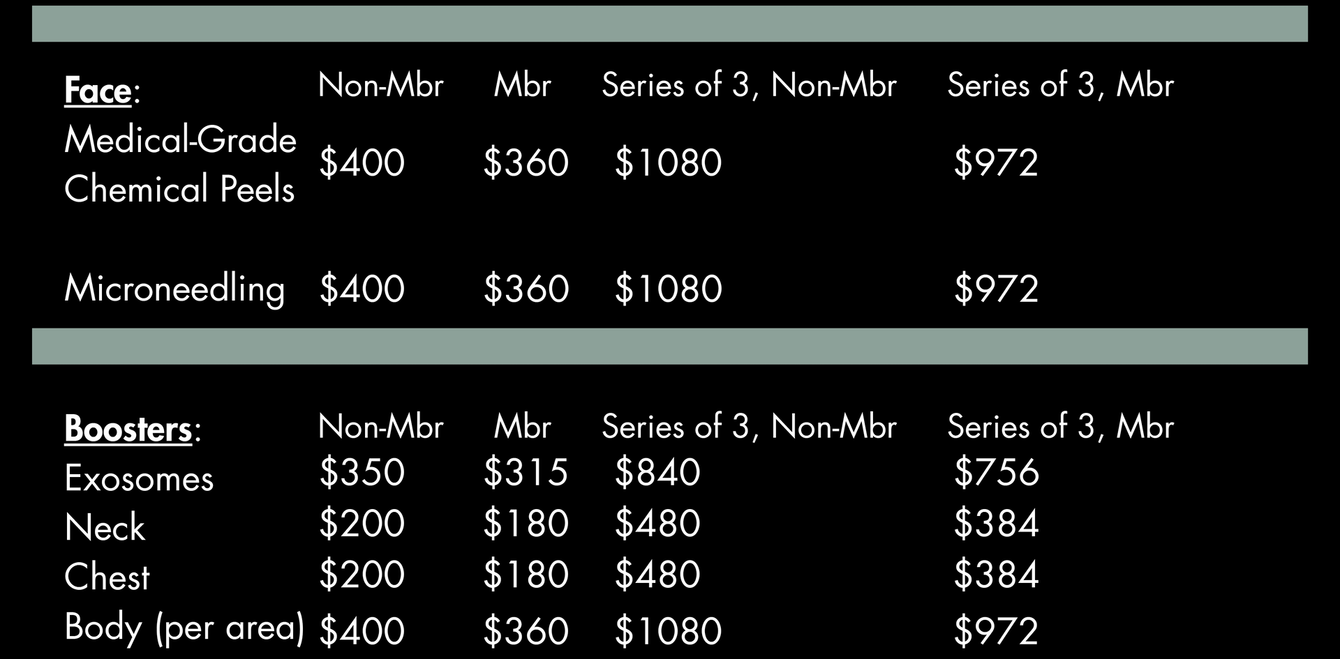 Price list for cosmetic procedures including chemical peels, microneedling, and boosters for face, neck, chest, and body.