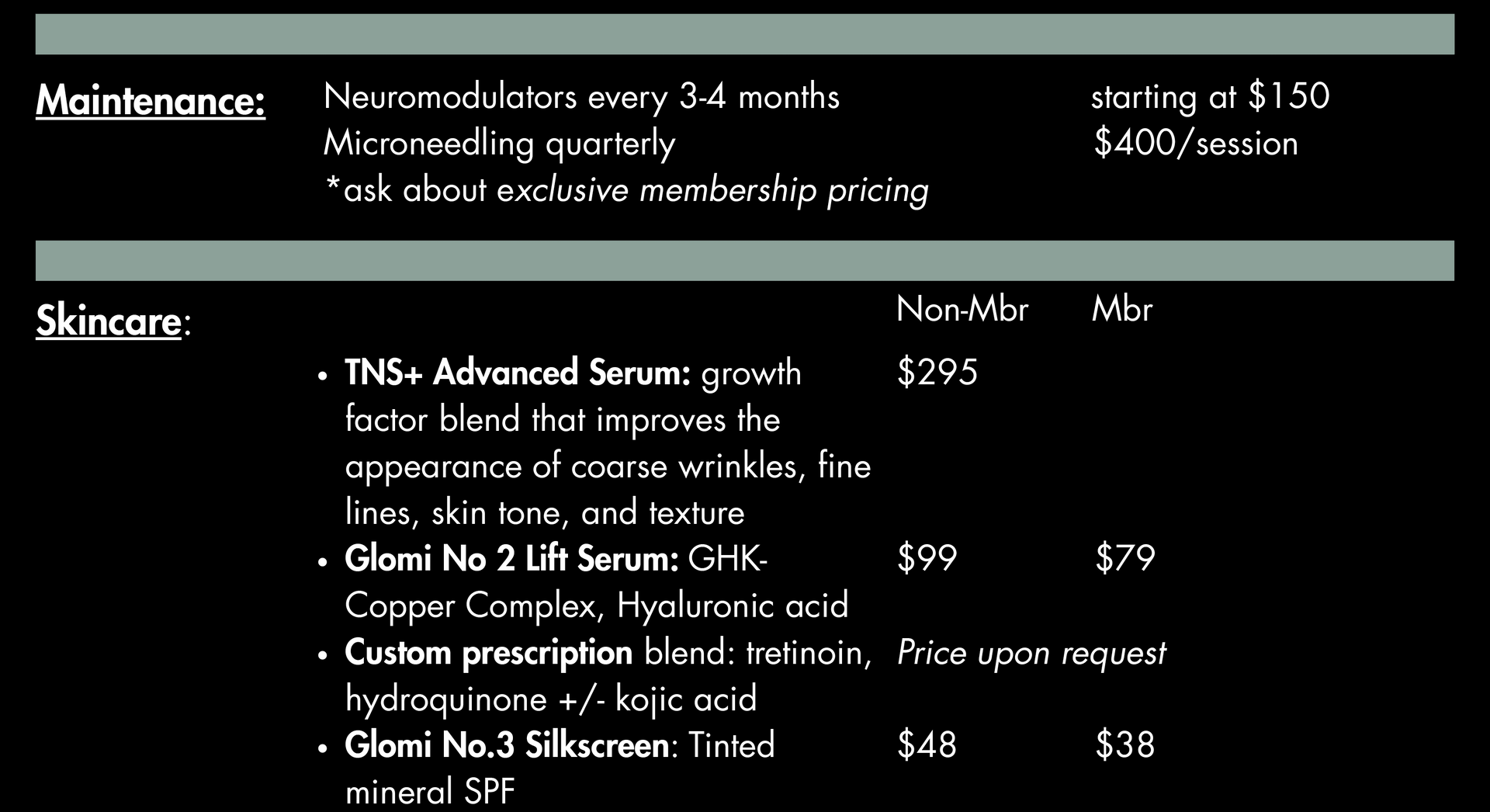 Price list for skincare products, including serums and a tinted sunscreen.