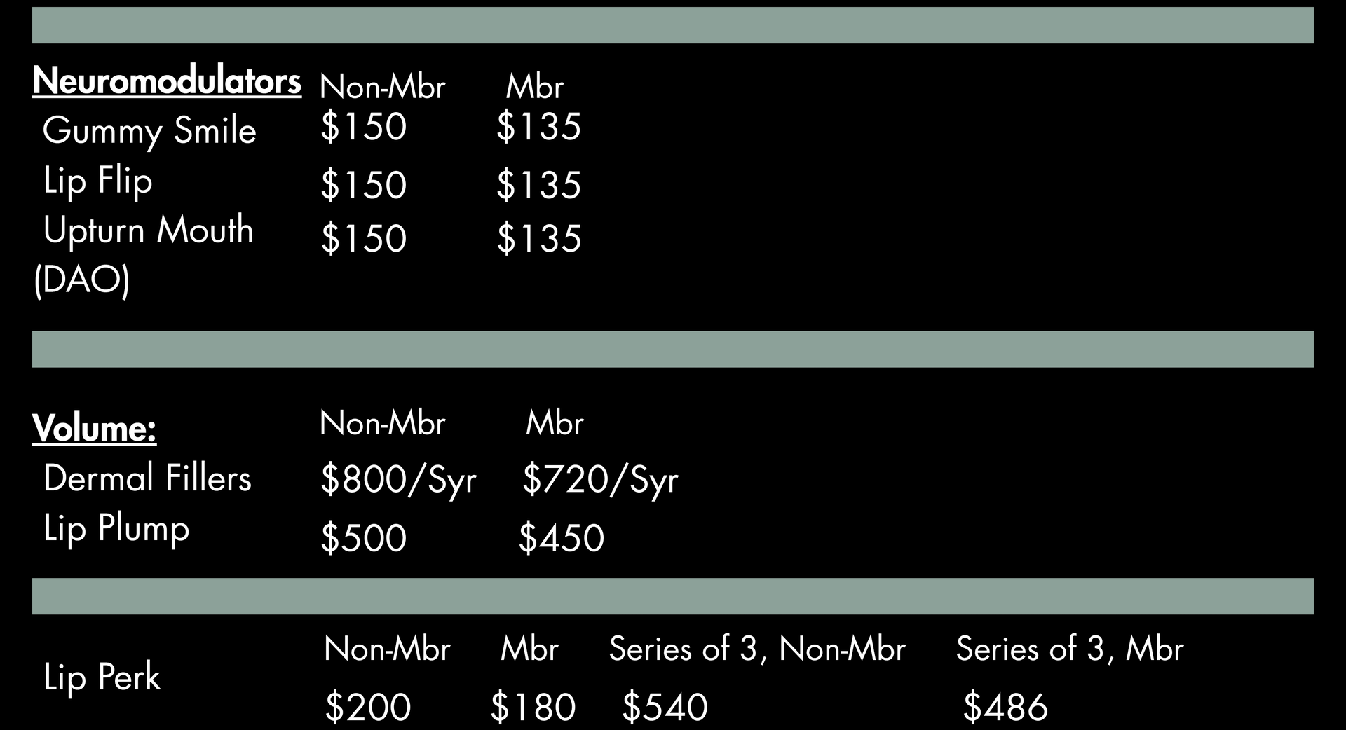 Price list for cosmetic procedures: neuromodulators, dermal fillers, and lip treatments.