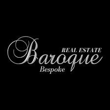 Logo for Baroque Real Estate, white script on black background.
