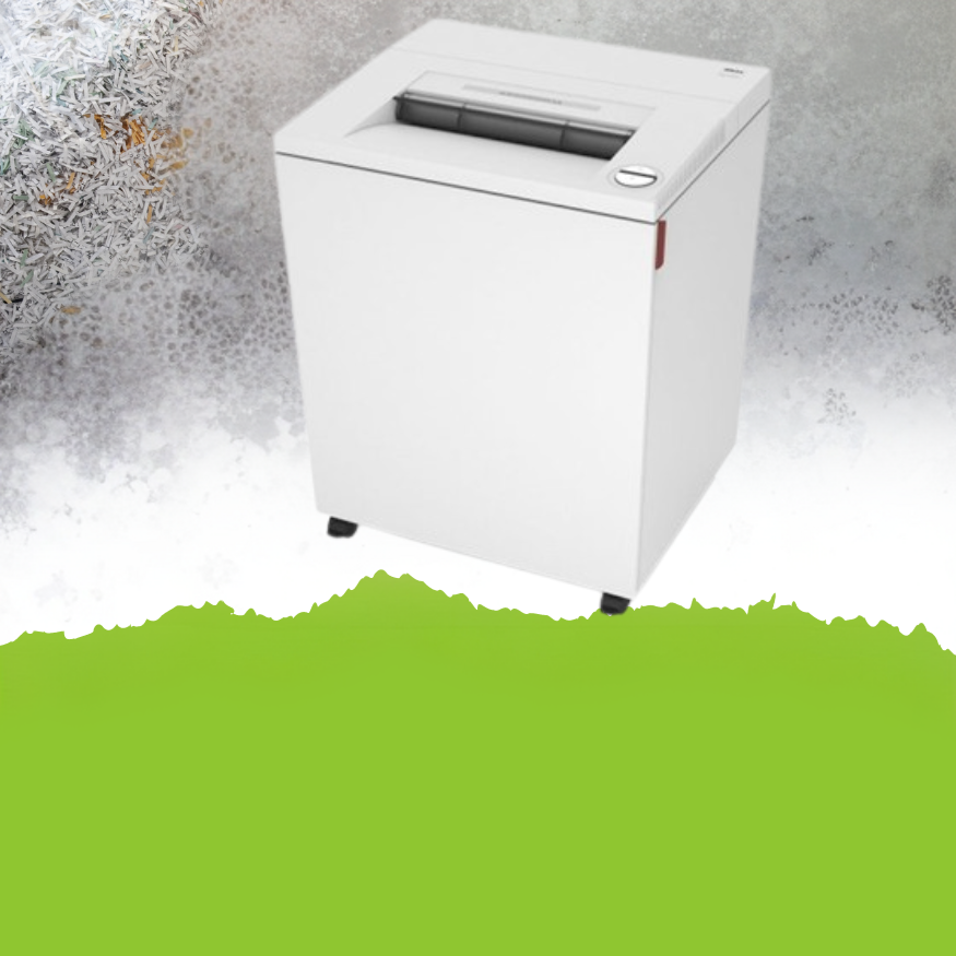 Ideal paper shredder from Documentshredding in Johannesburg with a black paper entry slot, on a green and white background.