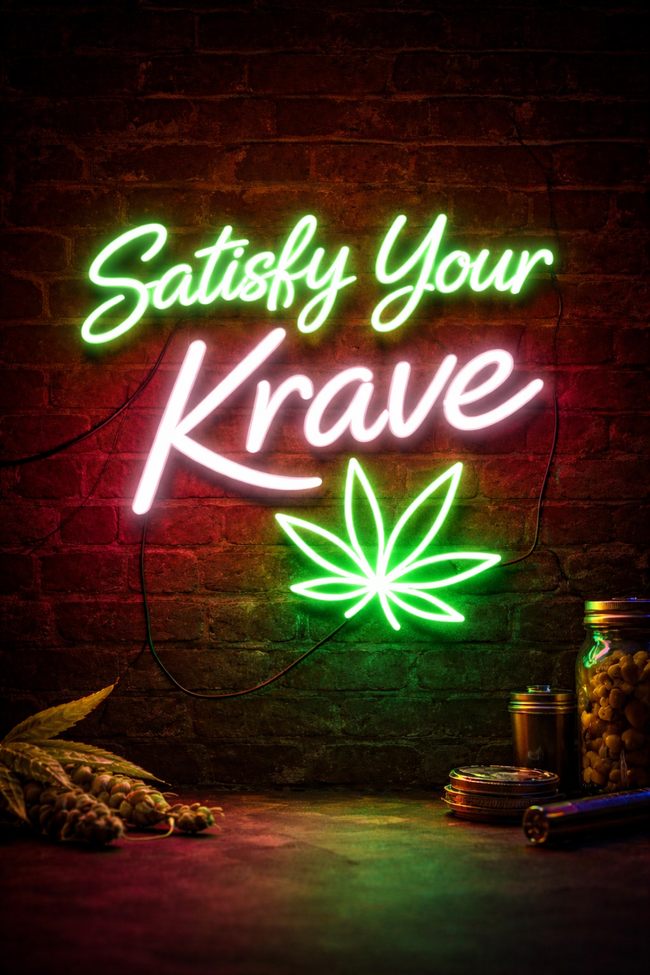 Neon “Satisfy Your Krave” sign with glowing cannabis leaf on a dark brick wall, with buds and jars below