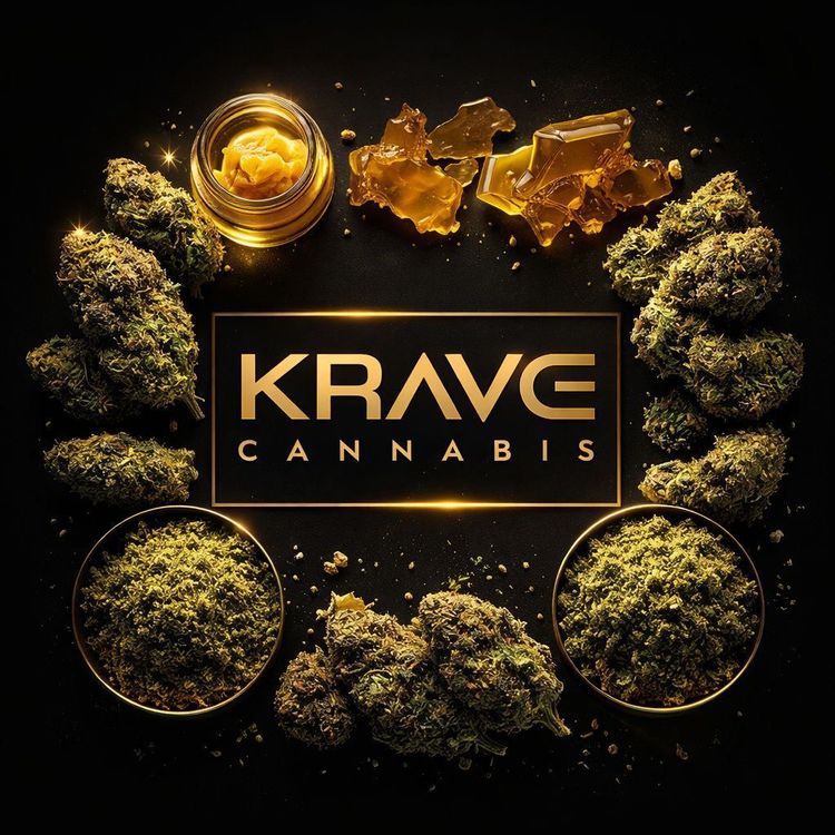 Krave Cannabis logo with gold cannabis buds and jars on a black background